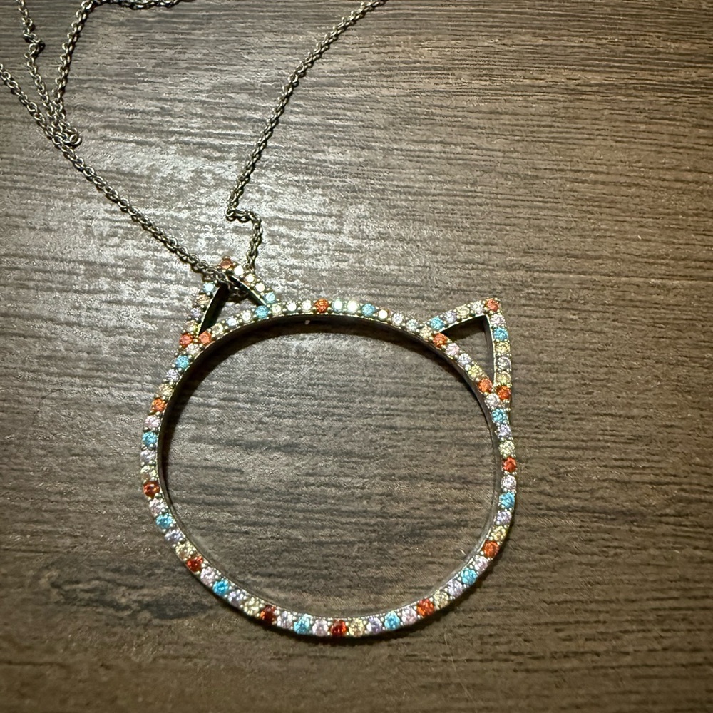Silver Rainbow Studded Cat Pendant Necklace